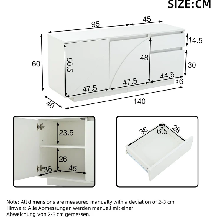 Sideboard 140 cm mit LED, Weiß Hochglanz, moderner Aufbewahrungsschrank mit 3 Türen, 1 Schublade & verstellbaren Regalen – Bild 9