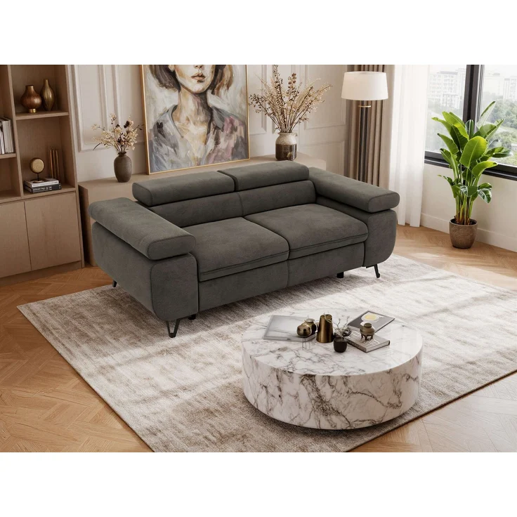 2-Sitzer Polstercouch PETER mit verstellbaren Armlehnen und Kopfstütze, Gepolsterte Couch, Wellenfeder - Dunkelgrau Velvet – Bild 5