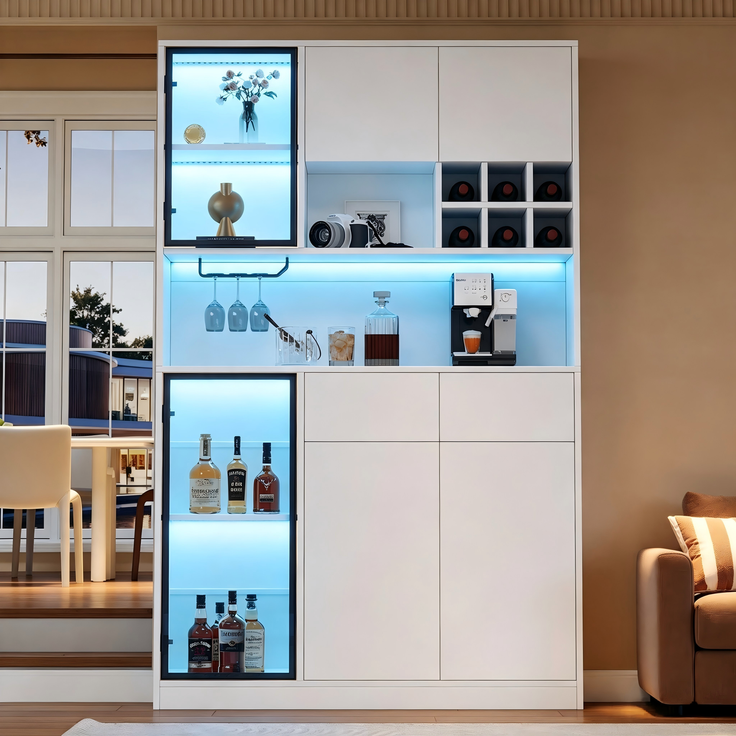 Hochschrank Vitrine 120×33×200cm, Wohnzimmer Schrank mit 6 Türen, 2 Schubladen, LED‑Beleuchtung, offenen Fächern, Hartfaserplatte & gehärtetem Glas, Weinschrank für Wohn‑ und Esszimmer--Weiß--120x33x200cm--YOUDENOVA – Bild 8