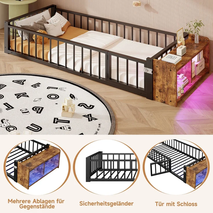 Merax Einzelbett, Kinderbett, Metallbett, 90 x 200 cm, Metallbettgestell, mit Schutzgeländer, ohne Matratze, Schließfächern, LED-Streifenleuchten, Schwarz – Bild 6