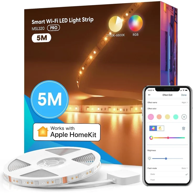 meross Led Strip 5m funktioniert mit Apple HomeKit, WLAN Led Streifen, Smart RGBWW Strip kompatibel mit Alexa und Google, für Zuhause, Party, Weihnachten