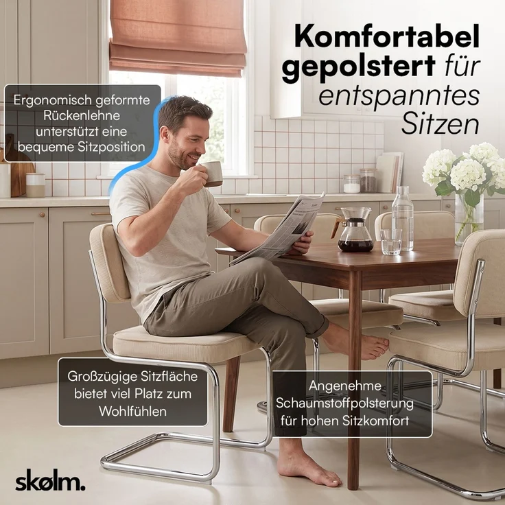 skølm 'Thund' Esszimmerstühle 4er Set, beige, Polsterstuhl aus Cord mit verchromten Metallgestell, Schwingstuhl bis 120 kg belastbar – Bild 6