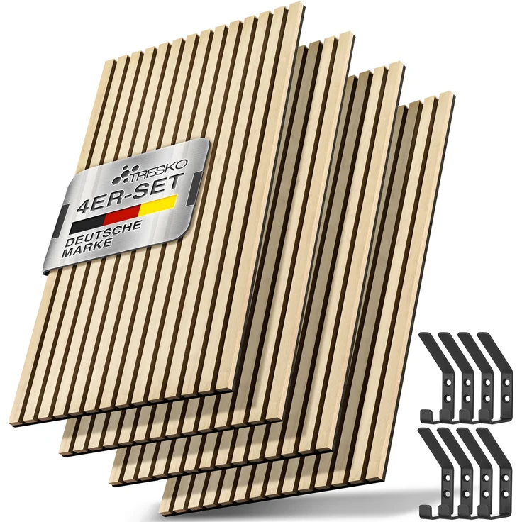 TRESKO® 4 Stück Akustikpaneele Holz 120×60 cm inkl. 8x Kleiderhaken | Wandverkleidung Eiche Hell als 3D Lamellenwand | Holzpaneele Paneele für Schallschutz | Akustik Wandpaneele mit Montageset – Bild 1