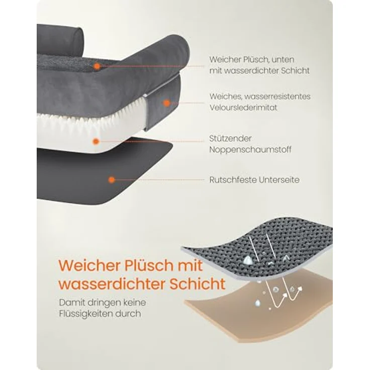 Feandrea Orthopädisches Hundebett, Hundekissen, Hundekorb, weiche Polsterung, Hundesofa, erhöhte Ränder, Bezug abnehmbar und waschbar, 76 x 51 x 18 cm, rutschfeste Unterseite, dunkelgrau PGW074G01 – Bild 7