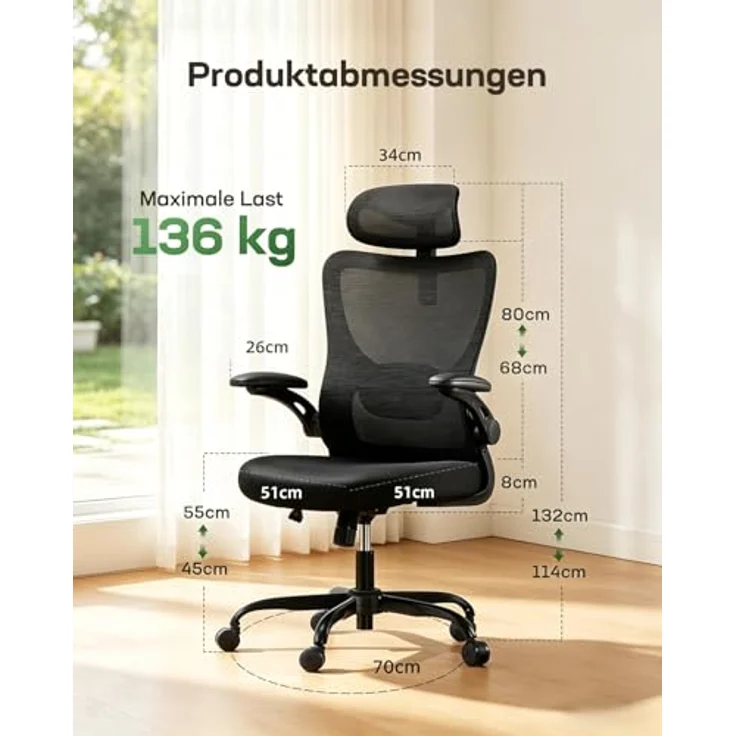 Marsail Bürostuhl Ergonomisch Schreibtischstuhl: Ergonomischer Bürostuhl mit 2D-Kopfstütze, 2D-Lendenwirbelstütze, klappbaren 3D-Armlehnen, 8 cm Sitzkissen, Höhenverstellung 300 LBS 4PCS – Bild 2