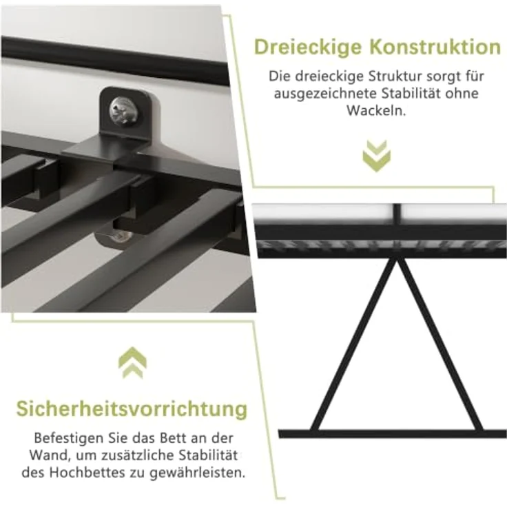 VECELO Hochbett 90 x 200 cm aus Metall, mit beidseitig montierbarer Leiter, hohem Sicherheitsgeländer, 150 cm Bodenfreiheit, geräuschfreie, platzsparend für Jugendliche und Erwachsene, Schwarz – Bild 6