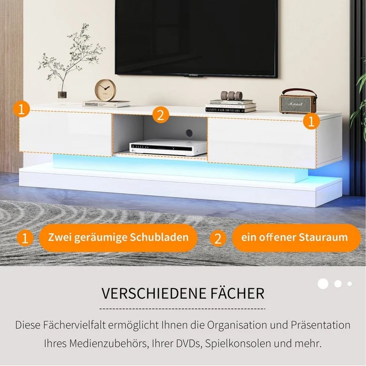 STILVORA Lowboard mit LED&Schubladen,TV-Schrank TV-Ständer Hochglanz mit Kippschutz (TV-Schrank hochglanz, TV-Board, 1 St, Breite:160cm), mit LED-Beleuchtung, 2 Schubladen, App-Steuerung, Anti-Kipp-Design – Bild 3
