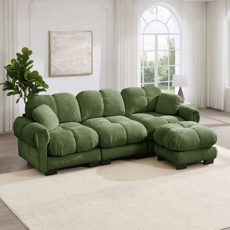 EINHOM 3-Sitze L-förmiges Cloud Sofa, inklusive mobiler Ottomane und 2 kleinen Dekokissen, Feines Steppdesign, Dicke Sitzkissen, Weich und Stützend, Einfach Aufzubauen, geeignet für das Wohnzimmer, grün – Bild 4