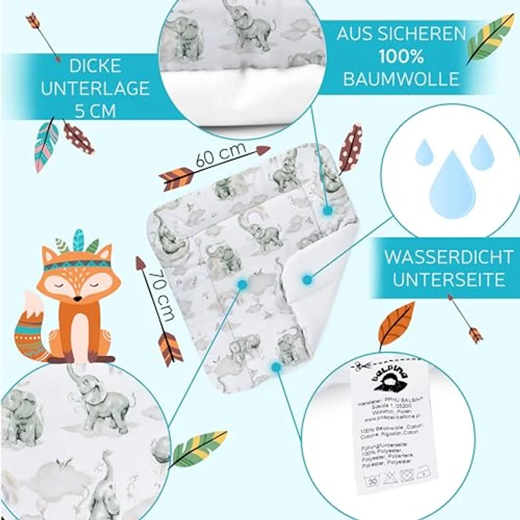 Balbina® Wickelunterlage aus Baumwolle weiche Wickeltischauflage für Wickelkommoden waschbar 60x70 I Elefant im Regenbogen – Bild 4