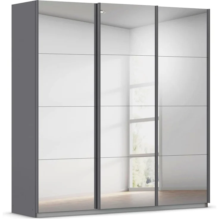 Rauch Möbel Kulmbach, Kleiderschrank mit Schwebetüren für Schlafzimmer, Kinderzimmer, Jugendzimmer, Garderobe, Flur, 3-türig, mit Spiegel, Zubehör Basic, Farbe Grau metallic, Schwarz, Breite 203 cm