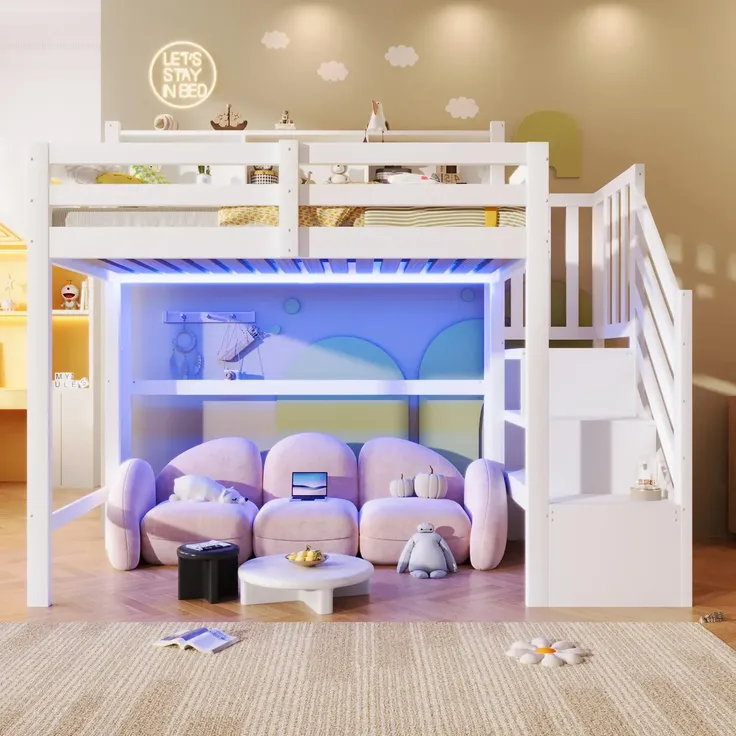 Hochbett mit RGB LED-Streifen, Stauraum, Lattenrost, Rausfallschutz und Regal, Treppe mit Regal, 90x200 cm, Kinderbett, Einzelbett, Kiefer