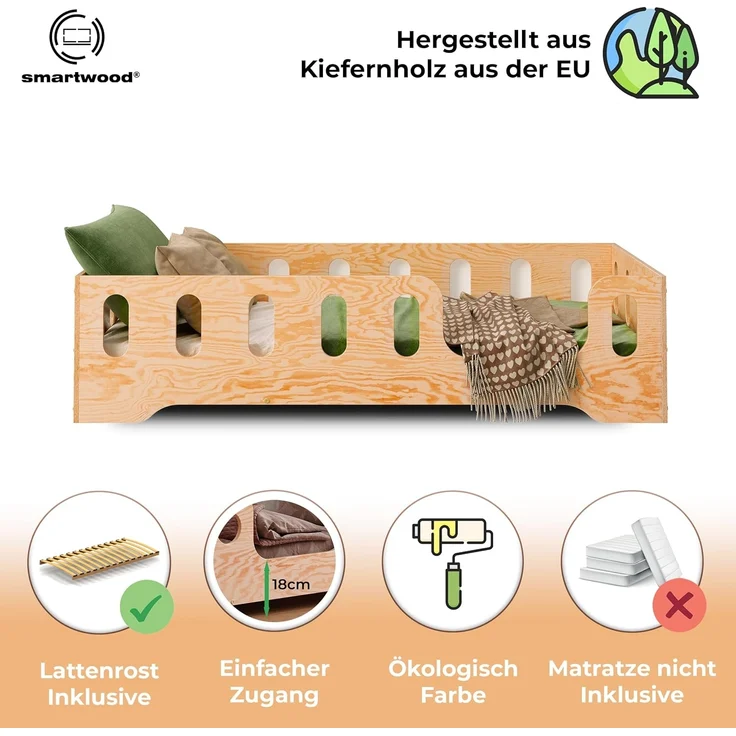 smartwood Kinderbett Bodenbett 80x160 mit Rausfallschutz & Lattenrost - Lackiert - Kinder Montessori Bett TILA 2P mit glatten Kanten - Betten für schnelle Montage - Bis 230 kg belastbar – Bild 3