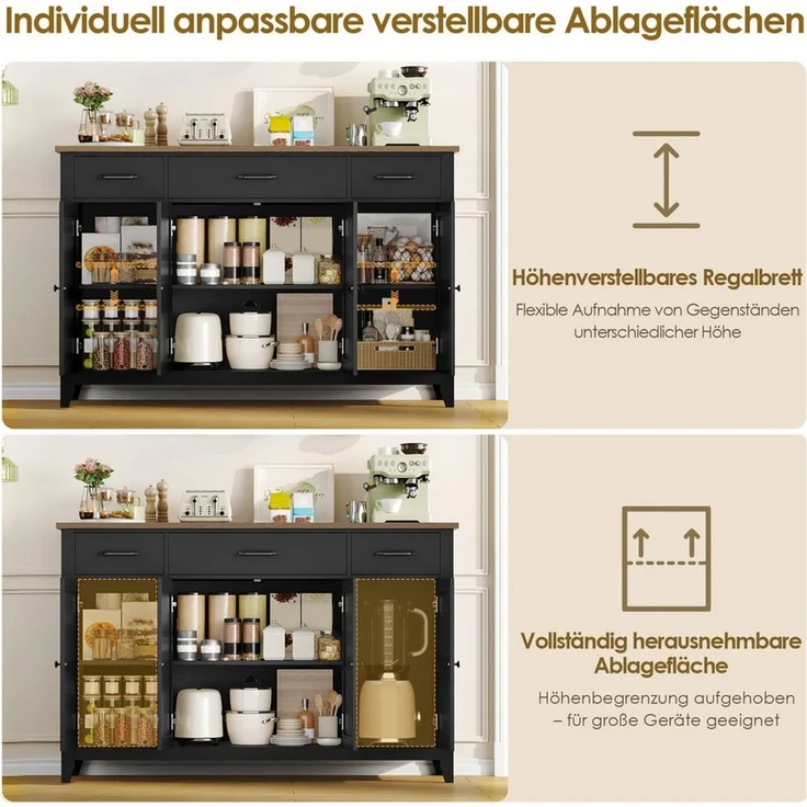 HOMECHO Sideboard 140 cm, Küchenschrank mit 3 Schubladen & 4 Türen, Höhenverstellbare – Bild 3