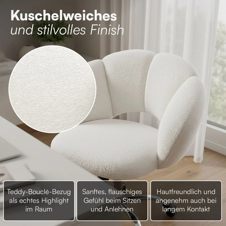 Bellamio 'Meli' Wolkenstuhl, weiß, Teddy-Bouclé Stoff, höhenverstellbar & drehbar, bis 140 kg, Schmink- & Schreibtischstuhl mit Rollen – Bild 7