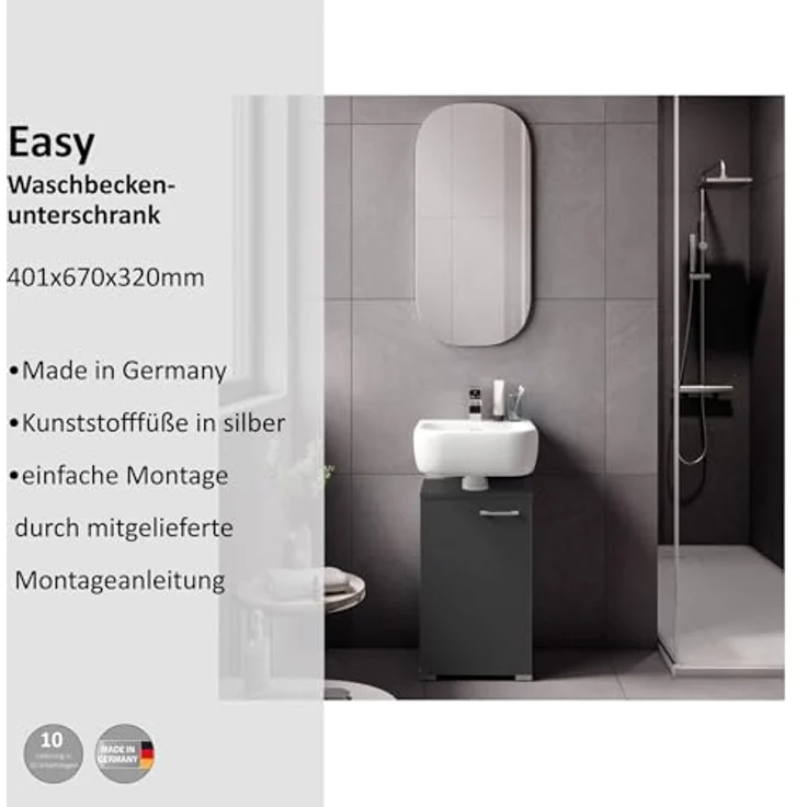 Fackelmann Easy Waschbeckenunterschrank in Anthrazit – 40cm Breite, Flexibler Türanschlag, Modernes Design und praktischer Stauraum, inkl- Füße – Made in Germany – Bild 4