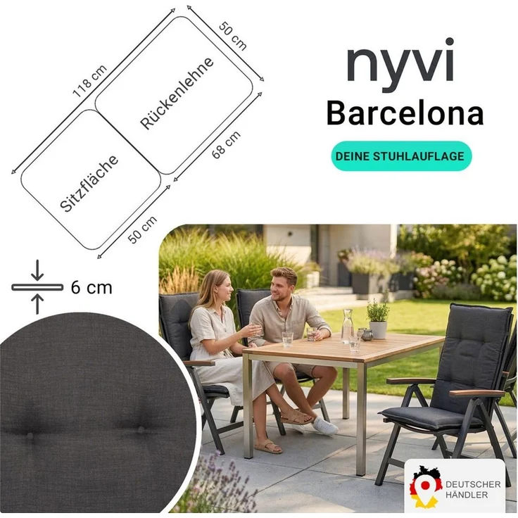 NYVI Hochlehnerauflage Hochlehner Auflagen 4er Set Barcelona - Gartenstuhlauflagen 118x50cm, (4 St), Stuhlauflage, Sitzauflage mit Halteband, UV-fest – Bild 2