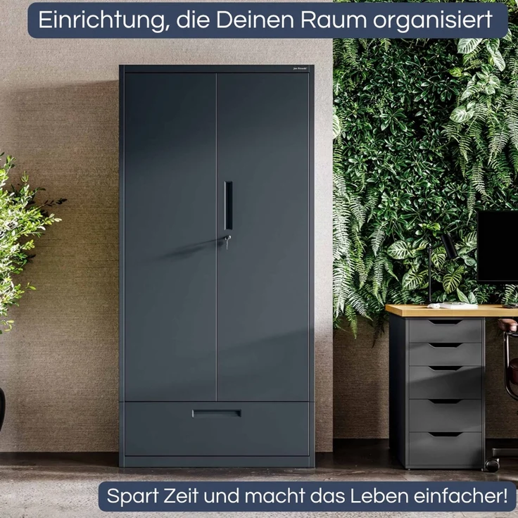 Metallschrank mit Einzel-Schublade RUEL - 195x90x40cm Anthrazit | Büroschrank Aktenschrank Stahlschrank Fachbodenschrank Werkstattschrank – Bild 3