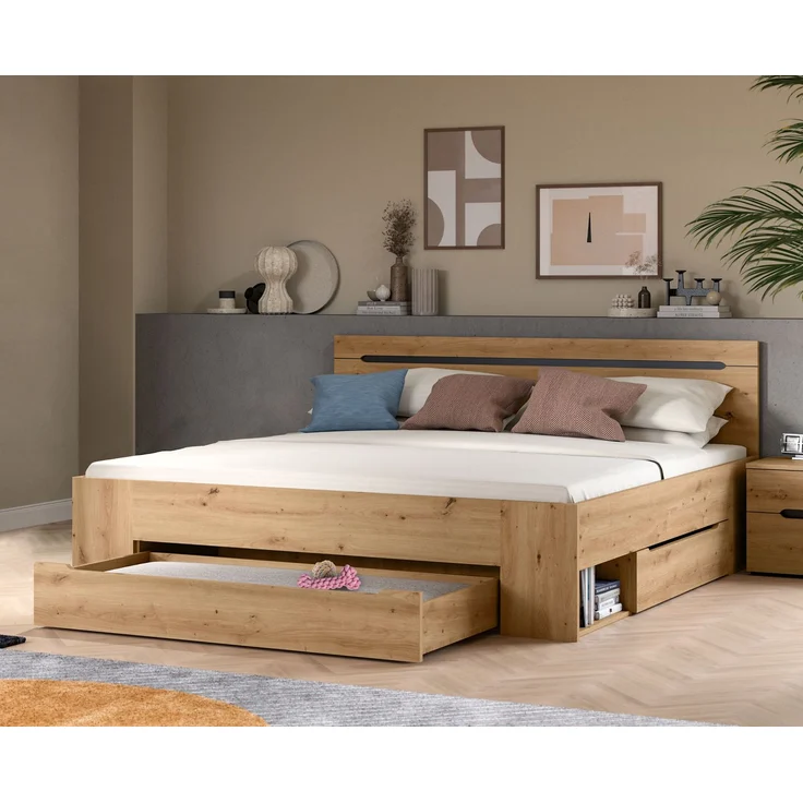Bett Sova 180x200, Modernes Bett in Eiche-Optik mit Schubladen & Fächern – Bild 6