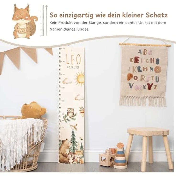 Kidsmood - Personalisierte Messlatte Kinder Aluverbund – Hochwertige Messleiste & Wand-Deko für Kinderzimmer mit liebevollem Fröhliche Waldtiere – Tolles Geschenk zur Geburt- (65-140cm) – Bild 5