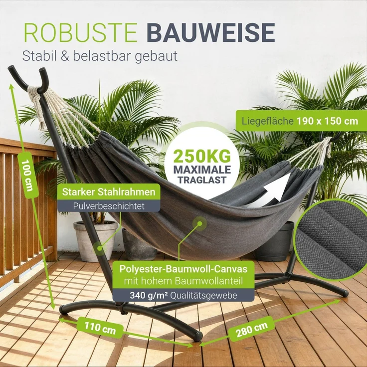 Juskys Hängematte Paya mit Gestell - Outdoor Doppelhängematte für 2 Personen - Ständer bis 200kg belastbar - Indoor doppel Hängeliege - Anthrazit – Bild 2