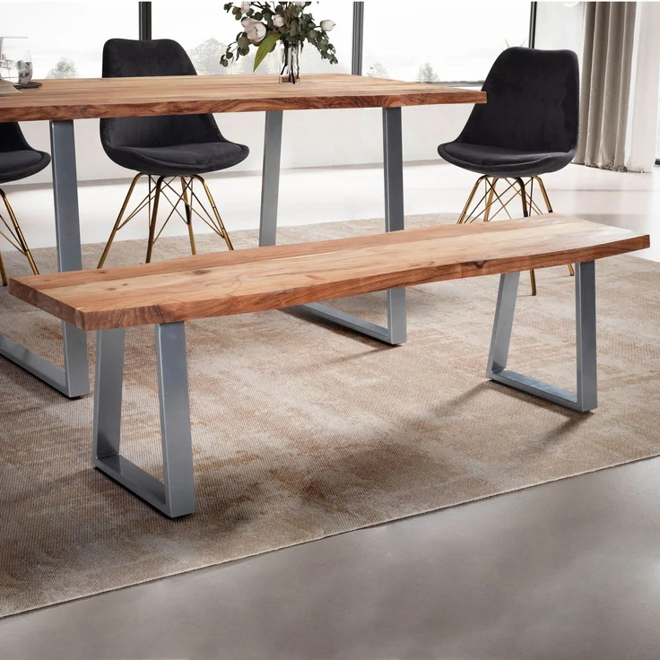 FineBuy Esszimmerbank Akazie Massivholz / Metall mit Baumkante, Esstischbank Holzbank Massiv ohne Lehne, Küchenbank Chrom Essbank Modern, Sitzbank Esszimmer Braun, 46 x 40 x 140 cm – Bild 7