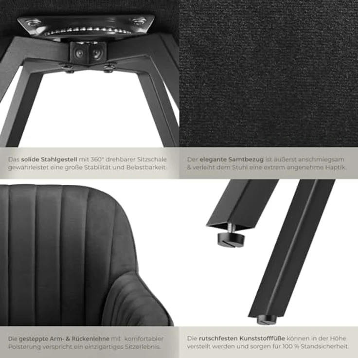 tectake Esszimmerstuhl Drehbarer Armlehnstuhl (4er Set, 4 St), gepolstert, in Samtoptik – Bild 8