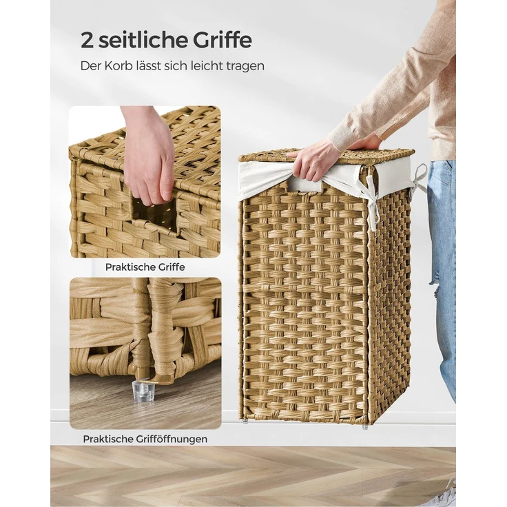 Songmics Wäschekorb handgeflochten, Rattan Naturfarben, 90L 46 x 33 x 60 cm – Bild 2