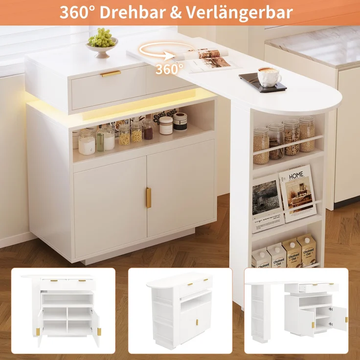 Merax Ausziehbarer Bartisch (115-183 × 40 × 99 cm), ausziehbare Kücheninsel, Bartisch mit Stauraum, LED‑Beleuchtung, 360° Drehfunktion, mobile Kaffeebar, geeignet für Küche und Esszimmer, Weiß – Bild 6