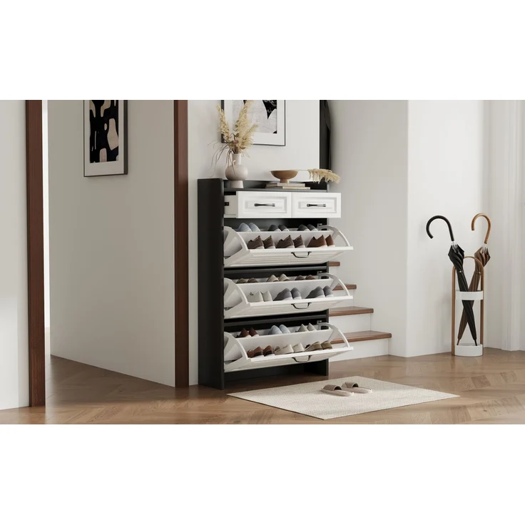 Merax Schuhkommode mit drehbarem Schuhschrank, bestehend aus drei großen Klappen und zwei Schubladen, Holzschuhschrank, Schuhregal – Bild 6