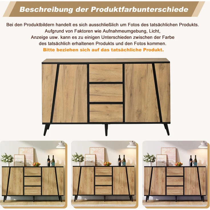 DESVIAE Sideboard Holzfarbe/Schwarz – 120x70x40 cm – 2 Türen, 3 Schubladen, verstellbare Einlegeböden – Bild 5