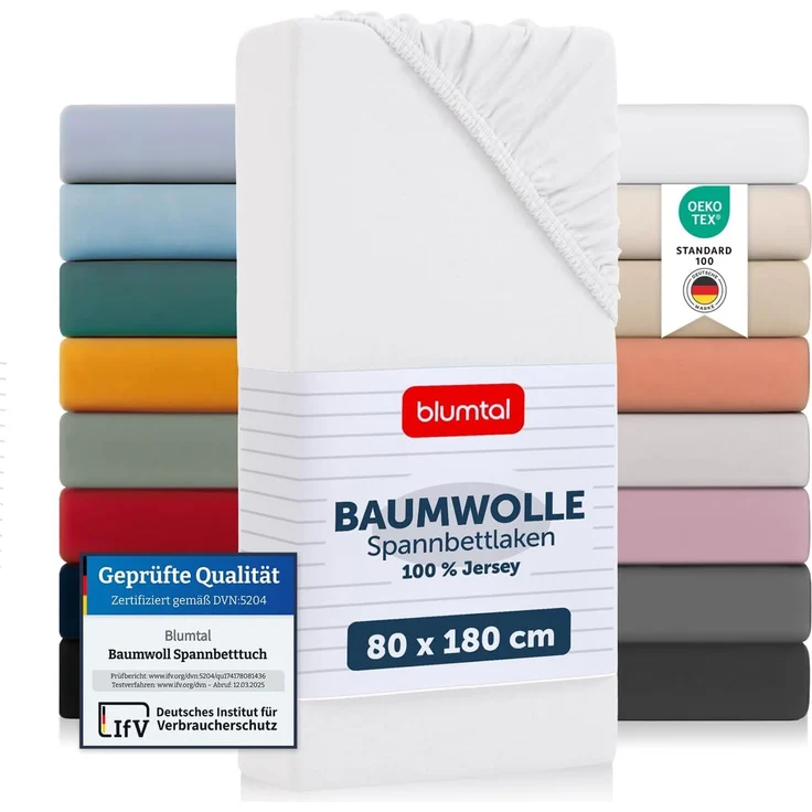 Blumtal® Baumwolle Spannbettlaken 80x160-180 cm Basics Jersey im 2er Set - Bettlaken 80x160 Kinder - OEKO-TEX zertifiziertes Spannbettlaken Beistellbett - Spannbettlaken 80x160 Kinderbett - Weiß – Bild 1