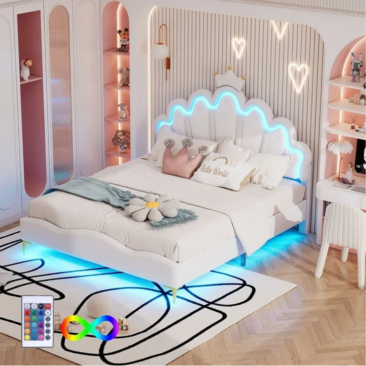 Flieks Polsterbett, LED Kinderbett Doppelbett mit krone-Form Prinzessinnenbett 140x200cm – Bild 5