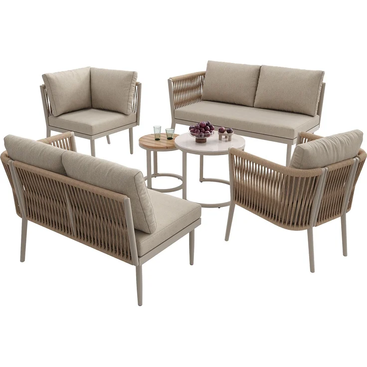 Merax Gartenlounge-Set für 5-6 Personen, 6-Sitzer Gartenmöbel-Set Sitzgruppe mit 2 stapelbaren Couchtische, Beige – Bild 9