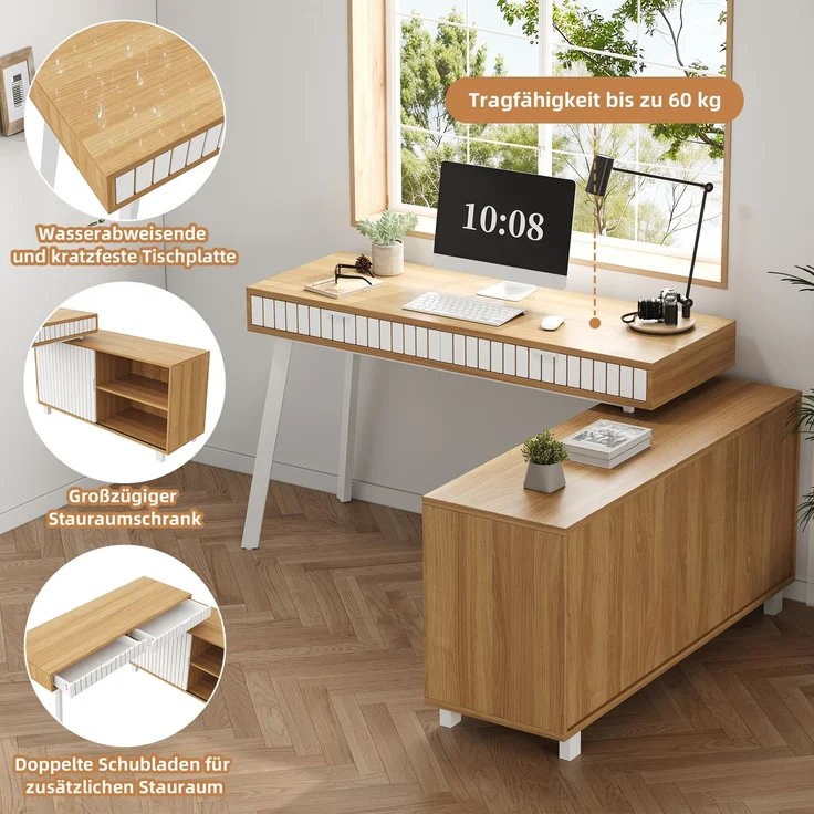 Flieks Schreibtisch, L-förmiger 160×120×76.5 cm, Eckschreibtisch mit 2 Schubladen & Schrank, MDF Bürotisch mit Stahlbeinen, Naturfarbe & Weiß – Bild 5