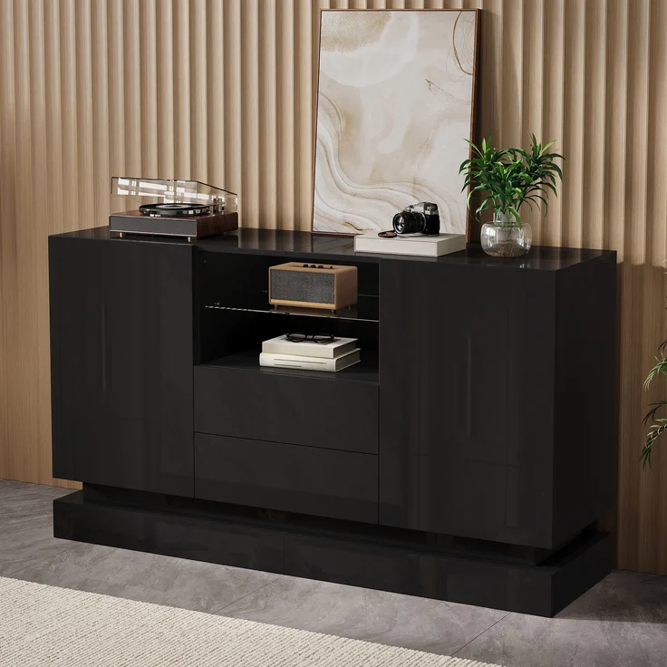 ZUBALIYA Sideboard 140x40x80 cm, mit LED-Beleuchtung, Hochglanz, mit 2 Türen, aus Spanplatte, Schwarz – Bild 6