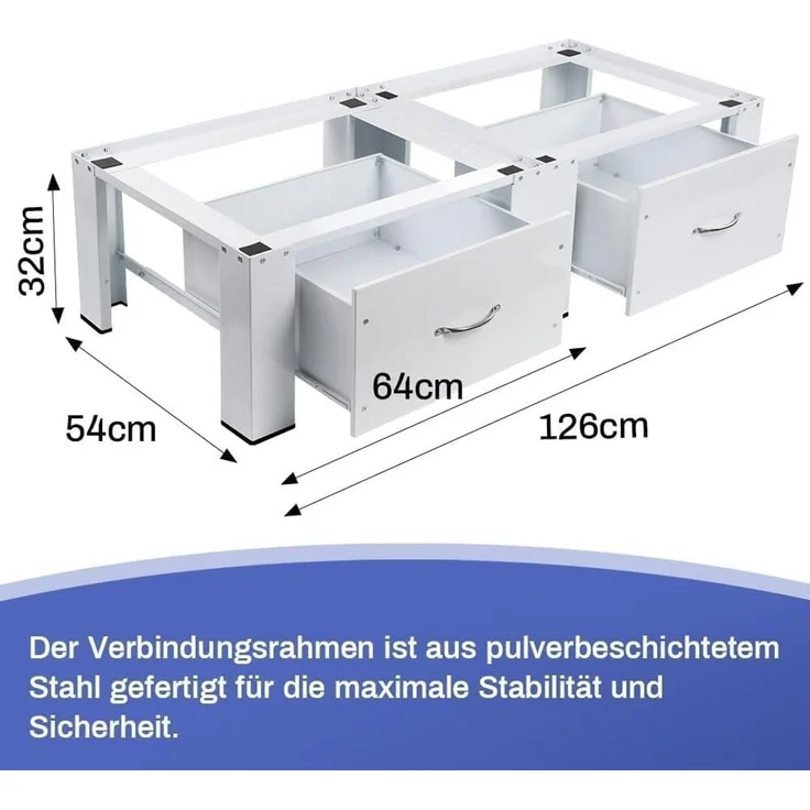 XIIW Waschmaschinenunterschrank Verstärkt Doppel Schublade Podest H32cm Waschmaschinen Untergestell (Stabil Stahl Unter Schrank bis 300KG 126 x 54 x 32 cm) mit Rutschfester Füße Unter Schrank Erhöhung – Bild 2