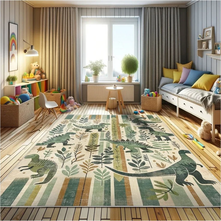 Abakuhaus Teppich Dekorativer Teppich für Wohnzimmer und Schlafzimmer, rechteckig, Dinosaurier Blätter Jurassic Tiere – Bild 2