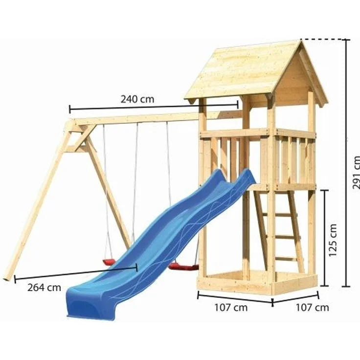 Karibu Kinderspielturm Lotti Satteldach Set naturbelassen mit Doppelschaukel ECO und Rutsche blau – Bild 2