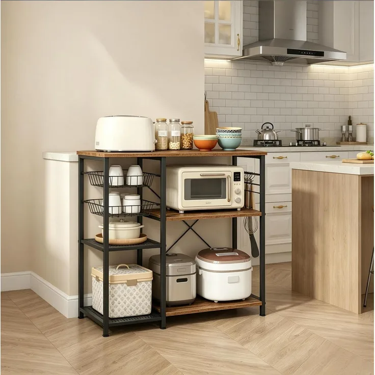 DESVIAE Regal mit Arbeitsplatte und Drahtkörben 90x82x40 cm Metall und Spanplatte Schwarz-Braun