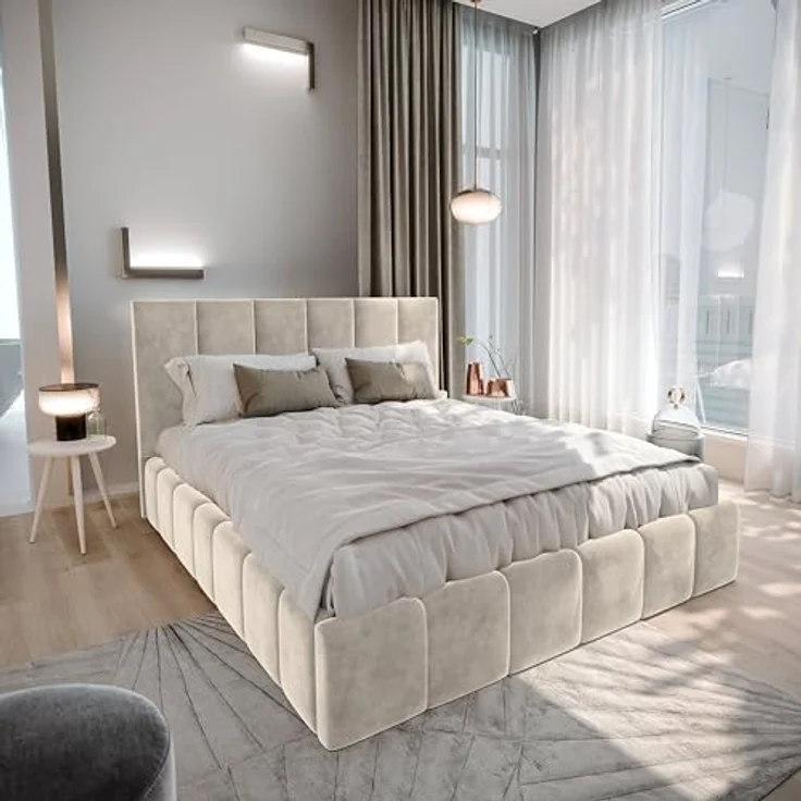 MASSENO Polsterbett Taranto, Creme, 180x200 cm, mit gepolstertem Kopfteil und Stauraum, stabiler Holzrahmen – Bild 2