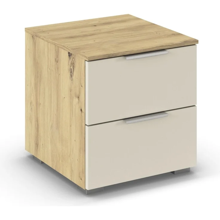 Rauch Möbel Alabama, Nachttisch für Schlafzimmer, Kinderzimmer, Gästezimmer, mit 2 Schubladen, Soft-Close-Funktion, Farbe Beige/Eiche Artisan, Holz, Griff Alufarben, Maße 40 x 42 x 42 cm
