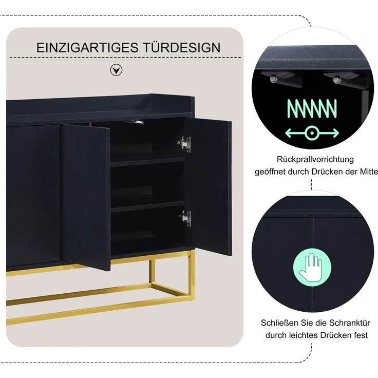 Sideboard mit Metallrahmen, 4 Türen, verstellbaren Regalen und schmaler Bauweise für Küche Wohnzimmer Flur Aufbewahrung,Schwarz – Bild 7