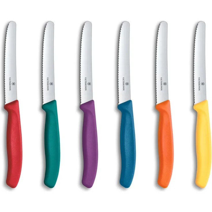 Victorinox Swiss Classic, Frühstücksmesser, Brötchenmesser Set 6teilig, Scharfe Klinge, Wellenschliff, 11 cm, Rostfreier Stahl, Farbig