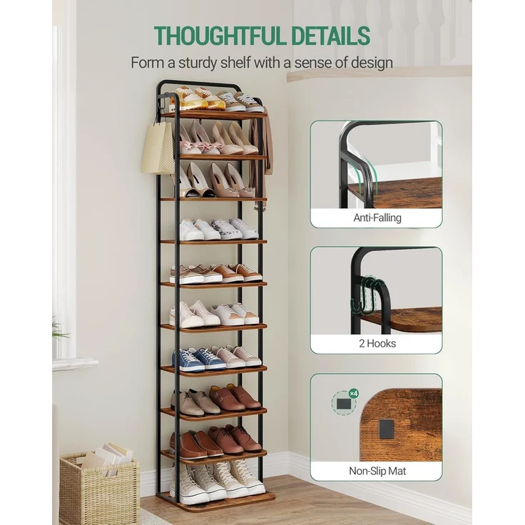 Vertikales Schuhregal, 10-Stöckige Schuhregale, Schuhturm für kleine Räume, Freistehend, Verstellbar, Platzsparend, Braun und Schwarz – Bild 3
