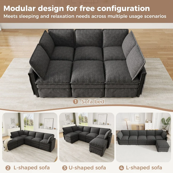 ZUBALIYA Wohnlandschaft 127x91 cm, mit Chenille - Bezug, mit Samtbezug, mit breiten Armlehnen, modular aufgebaut, Beige – Bild 14