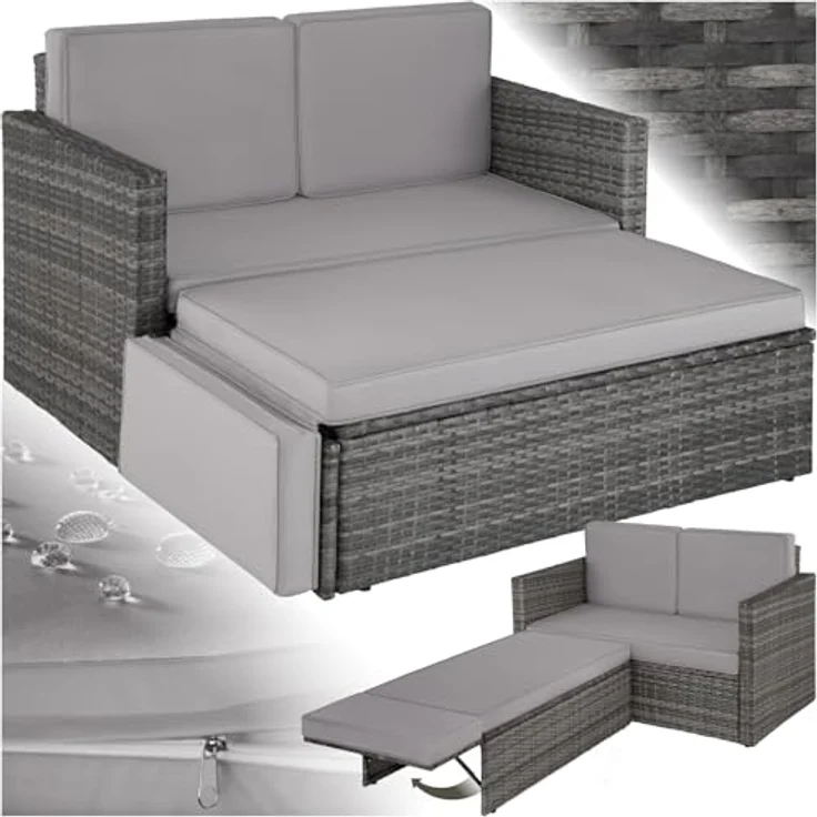 tectake Sofa Set - 2 Sitzer Sessel mit Hocker und Schlaffunktion, kleine Rattan Couch als Outdoor Gartenmöbel, wetterfest für Lounge, Balkon und Garten, klappbar mit Polstern – Bild 2
