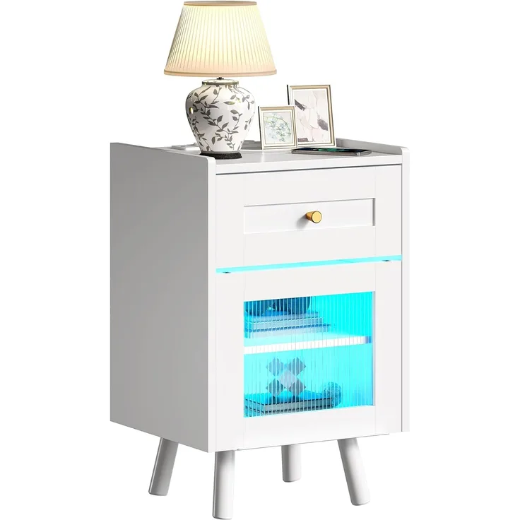 YITAHOME Nachttisch mit 7-Farbiger LED-Lichtleiste, Nachttischschrank mit Schublade und verstellbarem Regal, schwarzer Aufbewahrungs-Beistelltisch für Schlafzimmer, Wohnzimmer, 40 x 35 x 62 cm, Weiß