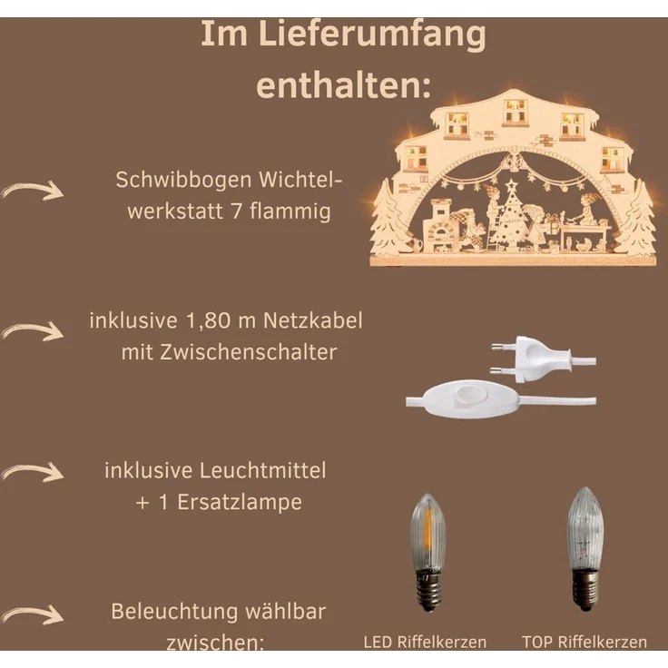 Weigla Schwibbogen Wichtelwerkstatt, Lichterbogen aus Holz, NATUR, Made in Germany, Erzgebirge garantiert, Weihnachtsdeko Innen, Weihnachtsbeleuchtung – Bild 2