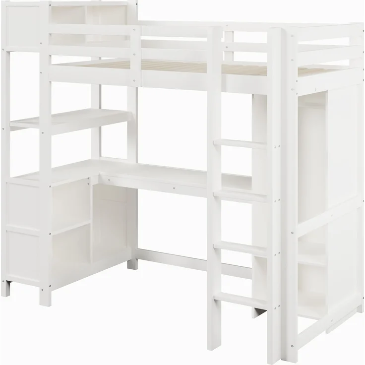 Merax Hochbett, Kinderbett 90x200 cm, mit Regale, mehrere Ablagefächer, Schreibtisch, Kleiderschrank, ohne Matratze, Weiß – Bild 8