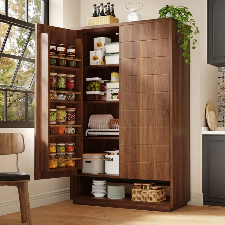 Küchenhochschrank 100 x 40 x 162,5 cm aus MDF und Metall, dunkelbraune Holzoptik, Push-to-Open